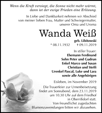 Traueranzeige von Wanda Weiß von Super Sonntag Mansfelder Land