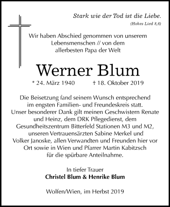 Traueranzeige von Werner Blum von Mitteldeutsche Zeitung Bitterfeld