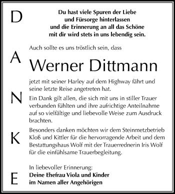 Traueranzeige von Werner Dittmann von Wochenspiegel Weißenfels