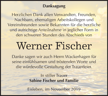 Traueranzeige von Werner Fischer von Mitteldeutsche Zeitung Mansfelder Land