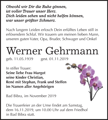 Traueranzeige von Werner Gehrmann von Mitteldeutsche Zeitung Naumburg/Nebra