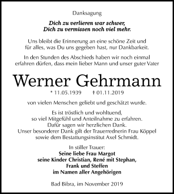Traueranzeige von Werner Gehrmann von Mitteldeutsche Zeitung Naumburg/Nebra