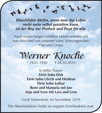 Traueranzeige von Werner Knoche von Wochenspiegel Aschersleben