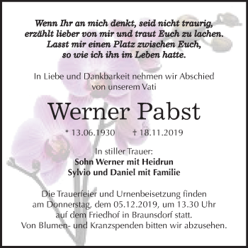 Traueranzeige von Werner Pabst von Super Sonntag Merseburg/Querfurt