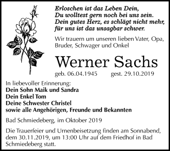 Traueranzeige von Werner Sachs von Super Sonntag Wittenberg