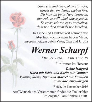 Traueranzeige von Werner Scharpf von Super Sonntag Sangerhausen
