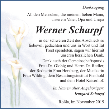 Traueranzeige von Werner Scharpf von Super Sonntag Sangerhausen