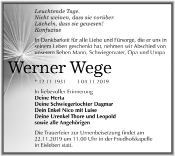 Traueranzeige von Werner Wege von Mitteldeutsche Zeitung Mansfelder Land