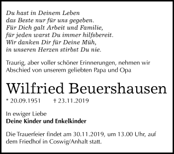 Traueranzeige von Wilfried Beuershausen von Wochenspiegel Wittenberg