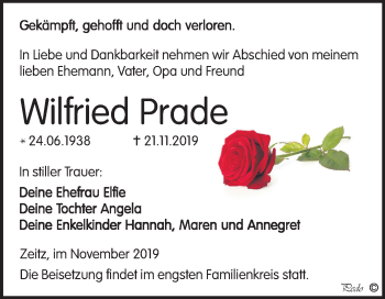 Traueranzeige von Wilfried Prade von Mitteldeutsche Zeitung Zeitz