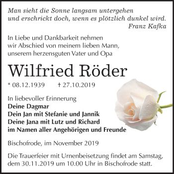 Traueranzeige von Wilfried Röder von Mitteldeutsche Zeitung Mansfelder Land