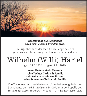 Traueranzeige von Wilhelm Härtel von Mitteldeutsche Zeitung Sangerhausen