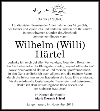 Traueranzeige von Wilhelm Härtel von Super Sonntag Sangerhausen