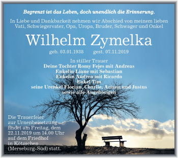 Traueranzeige von Wilhelm Zymelka von Wochenspiegel Merseburg/Querfurt