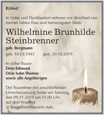Traueranzeige von Wilhelmine Brunhilde Steinbrenner von Super Sonntag Wittenberg