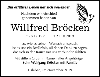 Traueranzeige von Willfred Bröcken von Super Sonntag Mansfelder Land