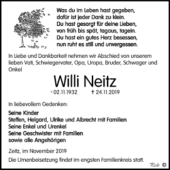 Traueranzeige von Willi Neitz von Mitteldeutsche Zeitung Zeitz