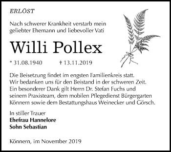 Traueranzeige von Willi Pollex von Mitteldeutsche Zeitung Bernburg