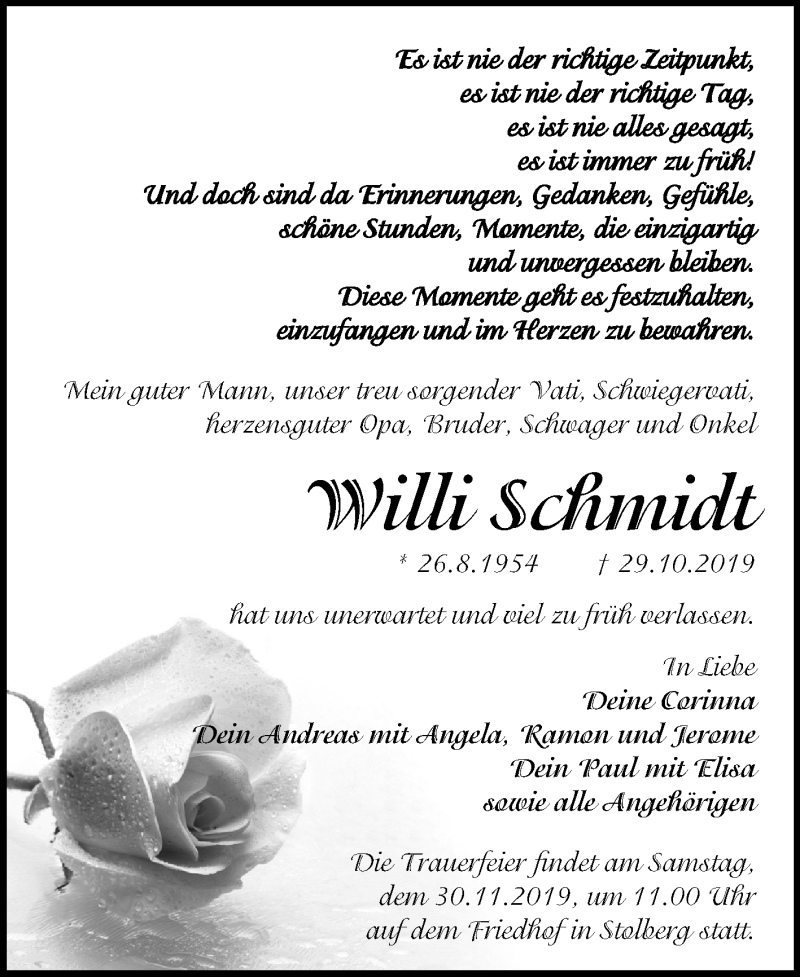  Traueranzeige für Willi Schmidt vom 09.11.2019 aus Super Sonntag Sangerhausen