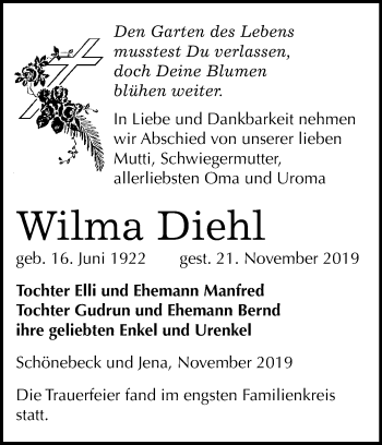 Traueranzeige von Wilma Diehl von Mitteldeutsche Zeitung Naumburg/Nebra