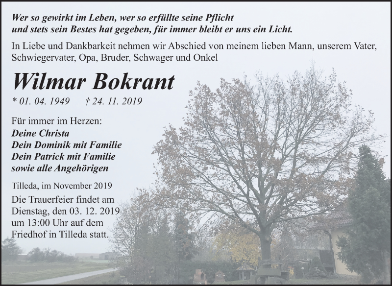  Traueranzeige für Wilmar Bokrant vom 27.11.2019 aus Mitteldeutsche Zeitung Sangerhausen