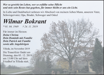 Traueranzeige von Wilmar Bokrant von Mitteldeutsche Zeitung Sangerhausen