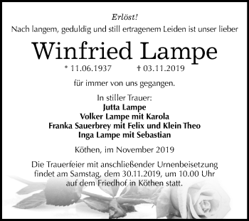 Traueranzeige von Winfried Lampe von Mitteldeutsche Zeitung Köthen