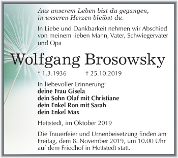 Traueranzeige von Wolfgang Brosowsky von Super Sonntag Mansfelder Land