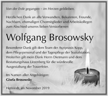 Traueranzeige von Wolfgang Brosowsky von Mitteldeutsche Zeitung Mansfelder Land