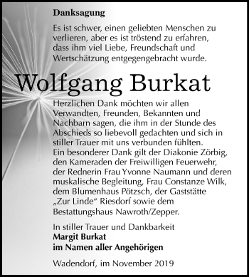 Traueranzeige von Wolfgang Burkat von Mitteldeutsche Zeitung Bitterfeld