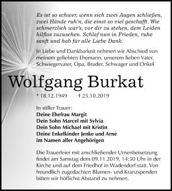 Traueranzeige von Wolfgang Burkat von Mitteldeutsche Zeitung Bitterfeld