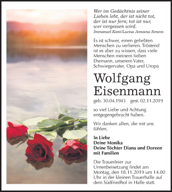 Traueranzeige von Wolfgang Eisenmann von Mitteldeutsche Zeitung Halle/Saalkreis