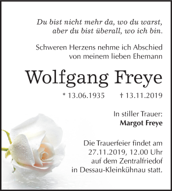 Traueranzeige von Wolfgang Freye von Super Sonntag Dessau-Roßlau