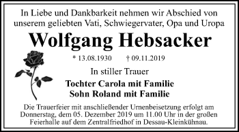 Traueranzeige von Wolfgang Hebsacker von Mitteldeutsche Zeitung Dessau-Roßlau