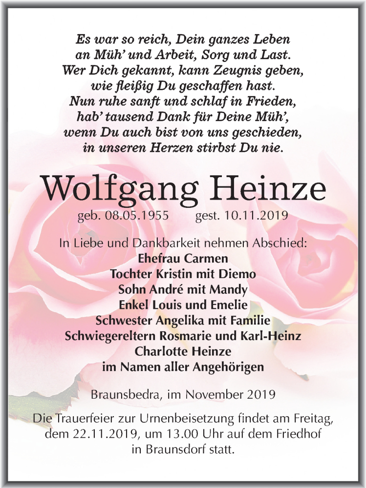  Traueranzeige für Wolfgang Heinze vom 16.11.2019 aus Super Sonntag Merseburg/Querfurt
