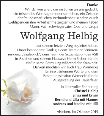 Traueranzeige von Wolfgang Helbig von Super Sonntag Bernburg