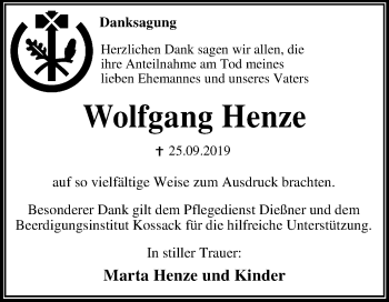 Traueranzeige von Wolfgang Henze von Mitteldeutsche Zeitung Dessau-Roßlau
