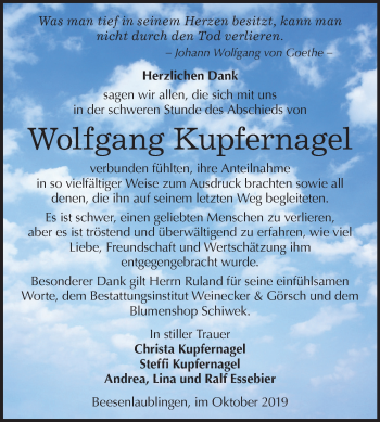 Traueranzeige von Wolfgang Kupfernagel von Super Sonntag Bernburg