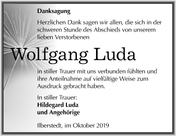 Traueranzeige von Wolfgang Luda von Super Sonntag Bernburg