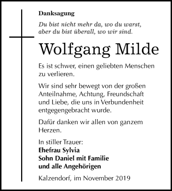 Traueranzeige von Wolfgang Milde von Mitteldeutsche Zeitung Merseburg/Querfurt