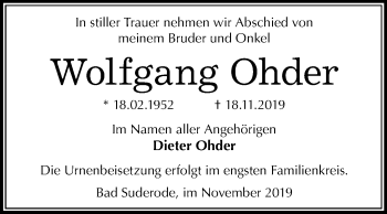 Traueranzeige von Wolfgang Ohder von Mitteldeutsche Zeitung Quedlinburg