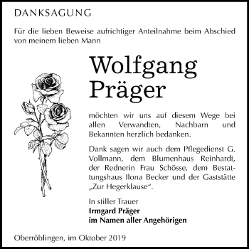 Traueranzeige von Wolfgang Präger von Mitteldeutsche Zeitung Sangerhausen