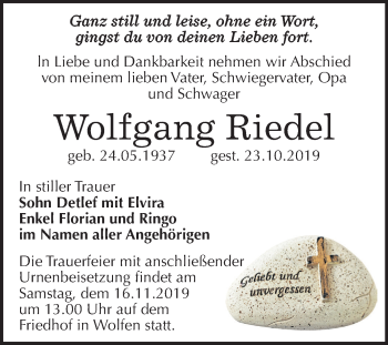 Traueranzeige von Wolfgang Riedel von Mitteldeutsche Zeitung Bitterfeld