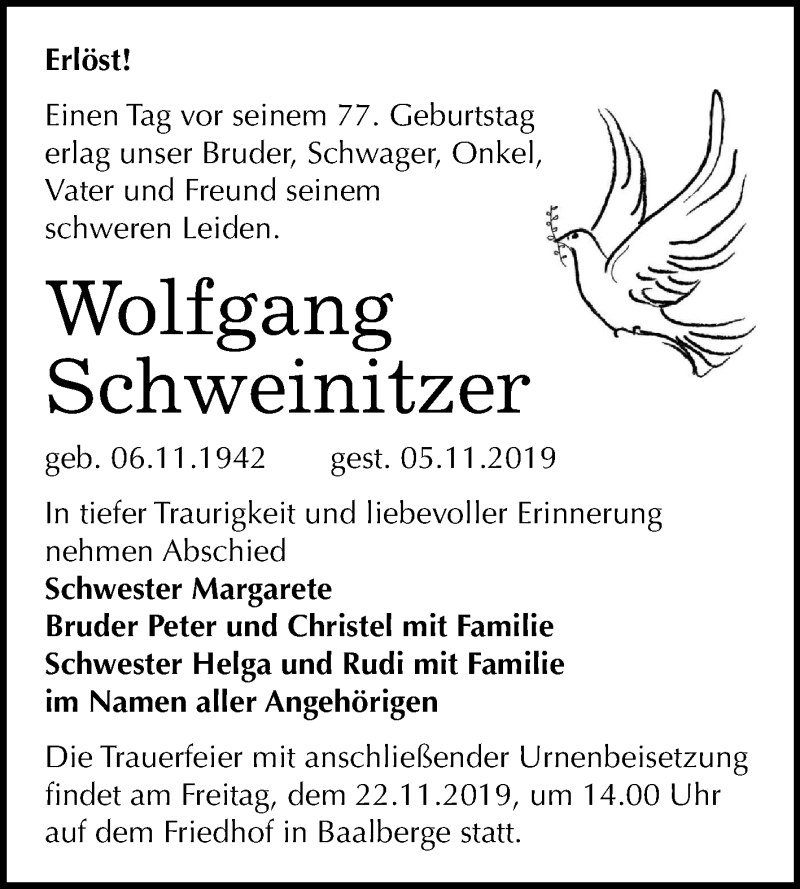  Traueranzeige für Wolfgang Schweinitzer vom 09.11.2019 aus Super Sonntag Bernburg