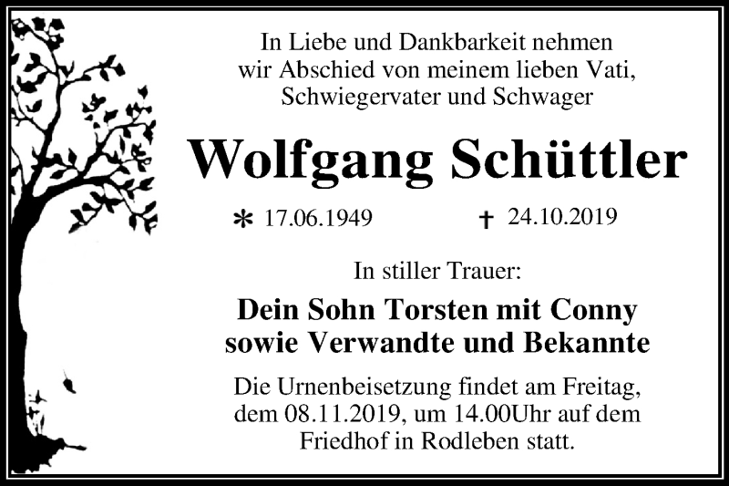  Traueranzeige für Wolfgang Schüttler vom 02.11.2019 aus Super Sonntag Dessau-Roßlau