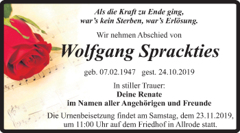 Traueranzeige von Wolfgang Sprackties von Mitteldeutsche Zeitung Quedlinburg