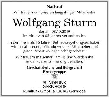 Traueranzeige von Wolfgang Sturm von Super Sonntag Quedlinburg