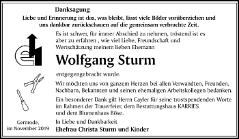 Traueranzeige von Wolfgang Sturm von Super Sonntag Quedlinburg