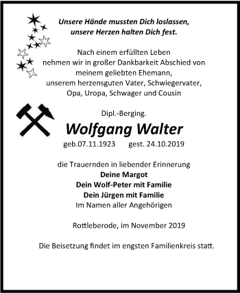 Traueranzeige von Wolfgang Walter von Super Sonntag Sangerhausen
