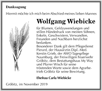 Traueranzeige von Wolfgang Wiebicke von Mitteldeutsche Zeitung Weißenfels